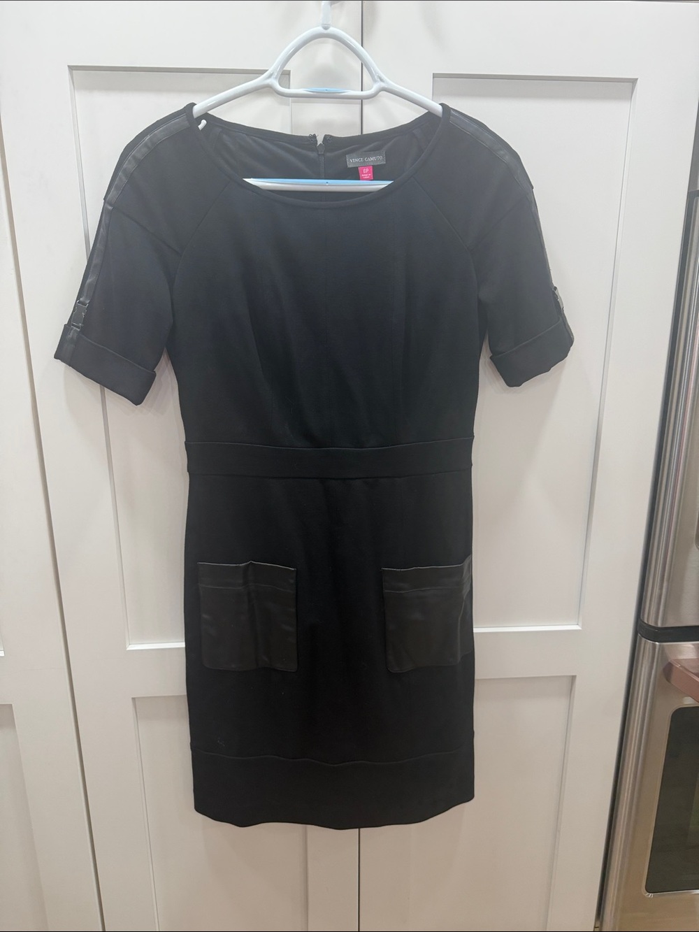Vince Camuto Black Short-Sleeve Sheath Dress with Pocket Detail